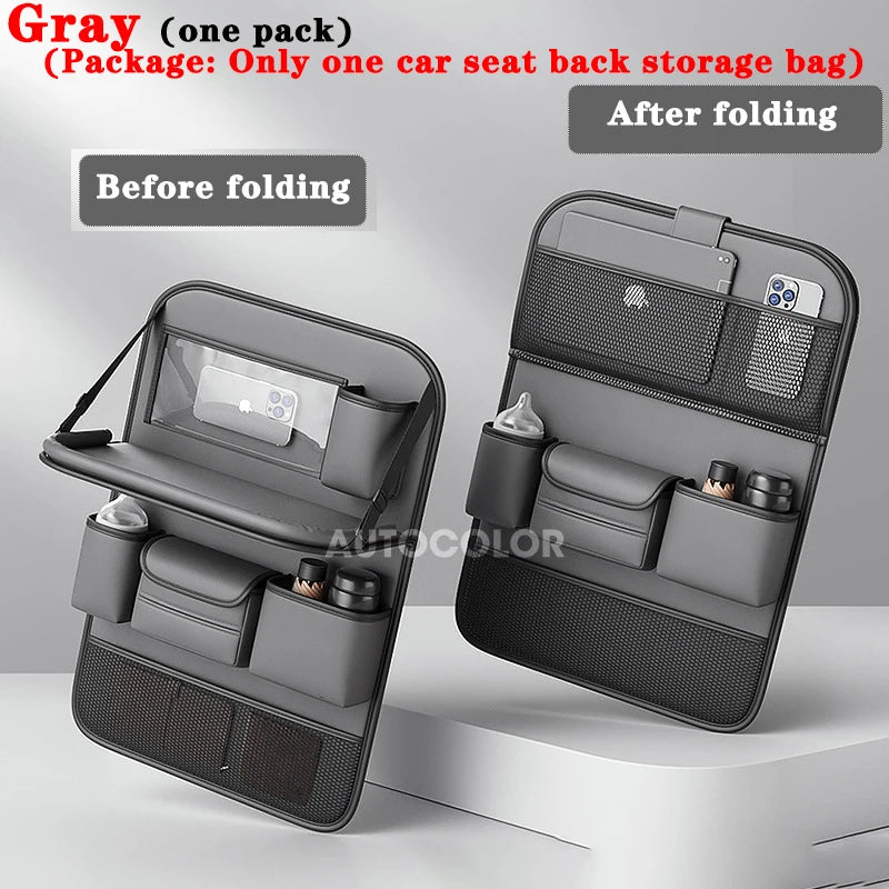 Leather Car Seat Back Organizer Bag Auto Back Seat Storage Bag Foldable Table Tray Tablet Holder Tissue Pockets Car Storage Box