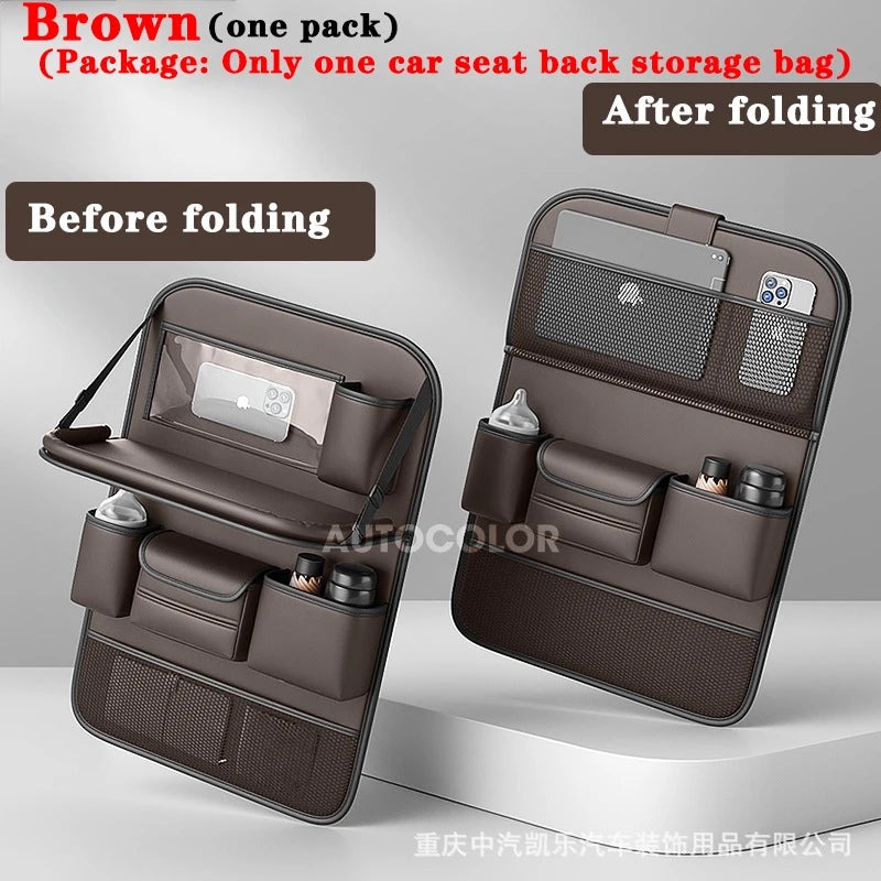 Leather Car Seat Back Organizer Bag Auto Back Seat Storage Bag Foldable Table Tray Tablet Holder Tissue Pockets Car Storage Box