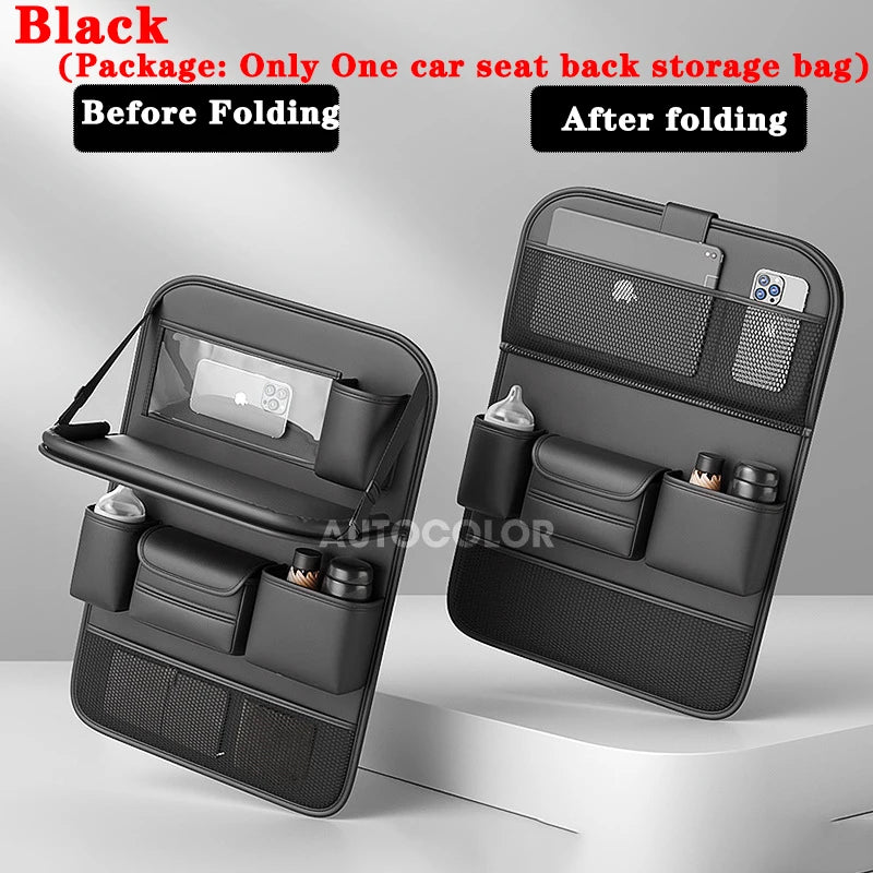 Leather Car Seat Back Organizer Bag Auto Back Seat Storage Bag Foldable Table Tray Tablet Holder Tissue Pockets Car Storage Box