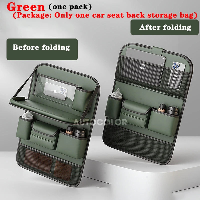 Leather Car Seat Back Organizer Bag Auto Back Seat Storage Bag Foldable Table Tray Tablet Holder Tissue Pockets Car Storage Box